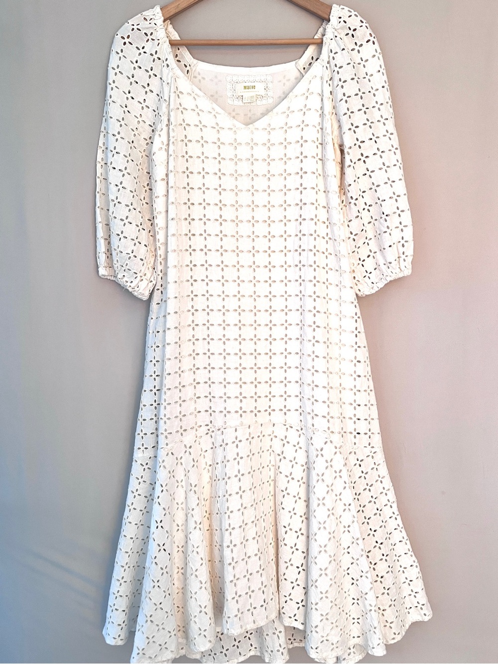 Maeve Anthropologie White Linen Eyelet Midi Dress Puff Sleeve Cottagecore Size 4